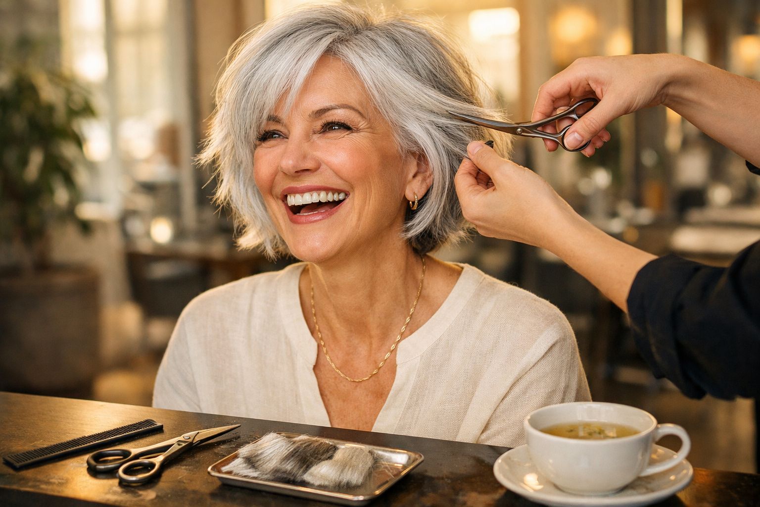 Mulher sorridente com cabelo grisalho sendo cortado em salão de beleza com xícara de café à frente.