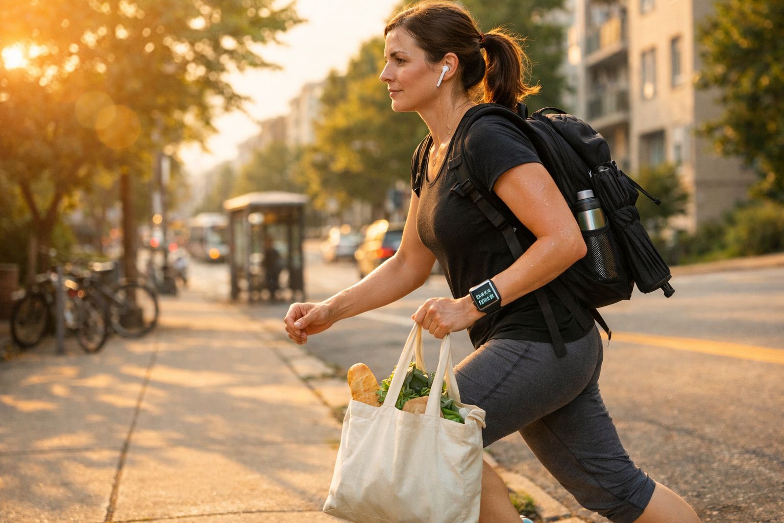 Mulher correndo na rua ao amanhecer com mochila, bolsa de compras e fones de ouvido.