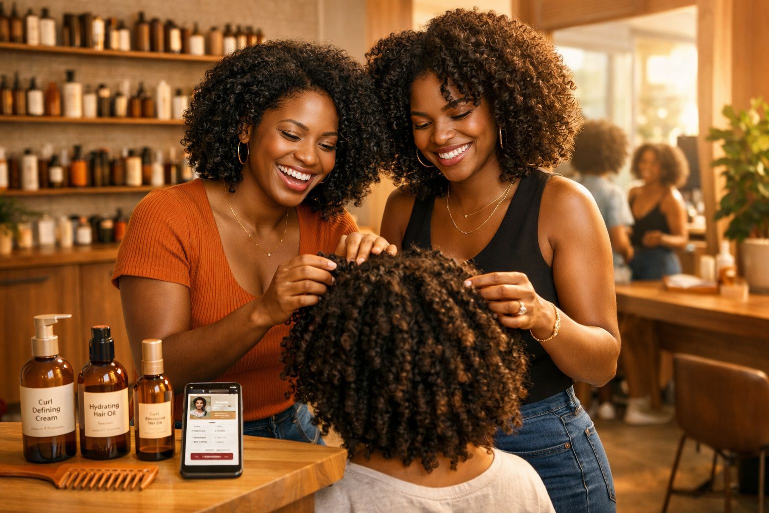 Duas mulheres cuidam do cabelo cacheado de outra em ambiente de salão com produtos de beleza ao redor.