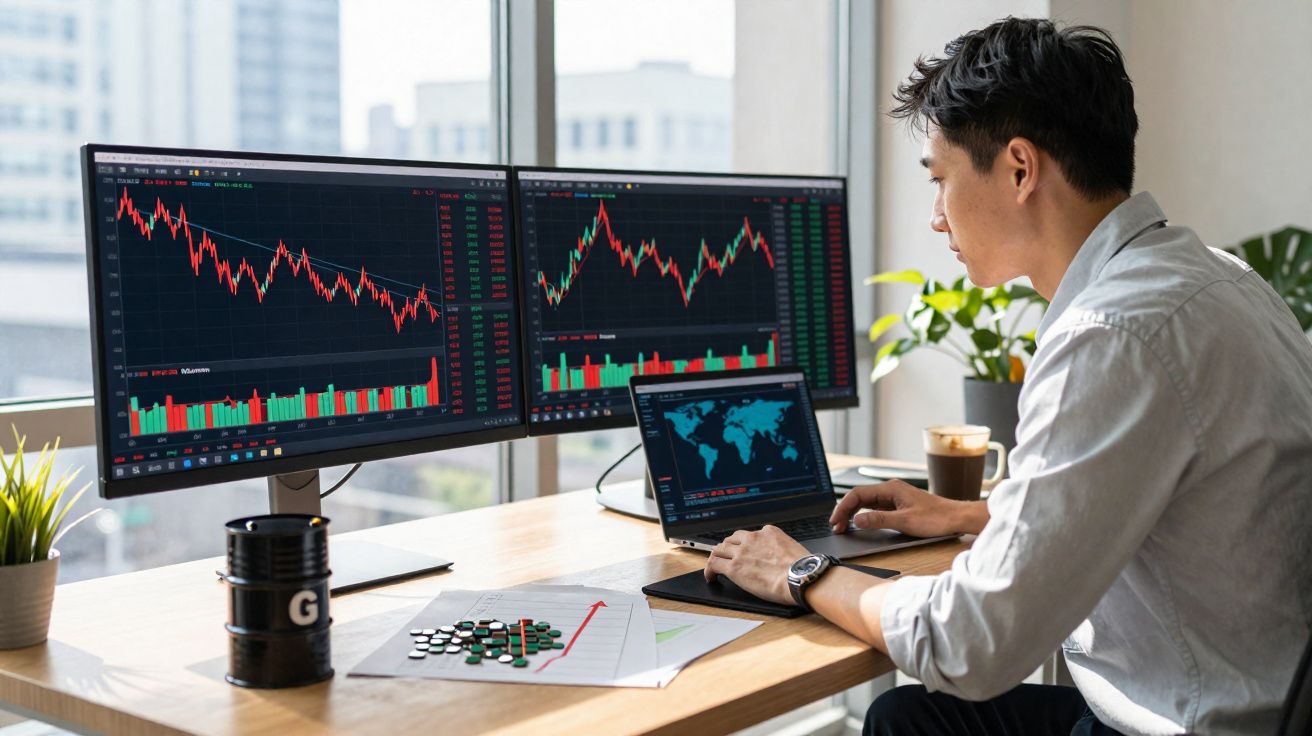 Homem analisando gráficos de ações em dois monitores e laptop em escritório com vista urbana.