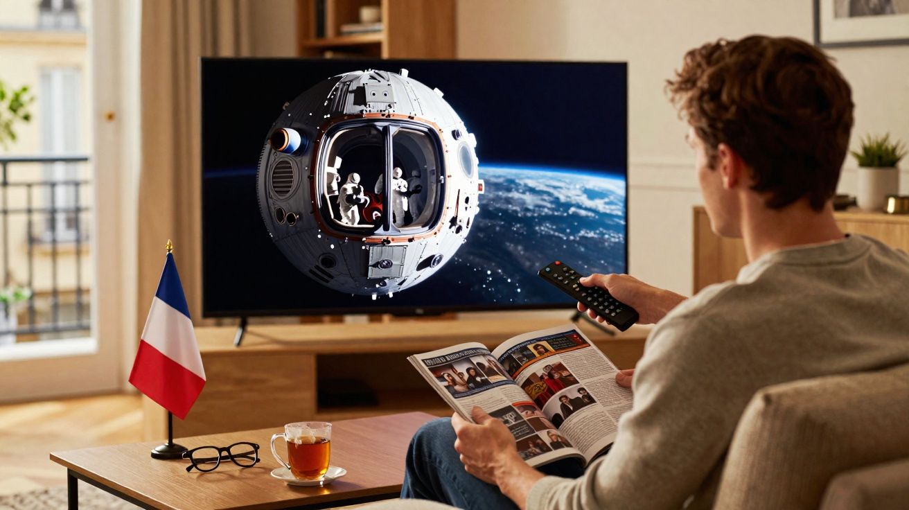Homem sentado no sofá assistindo documentário espacial na TV, com revista, chá e bandeira da França na mesa.