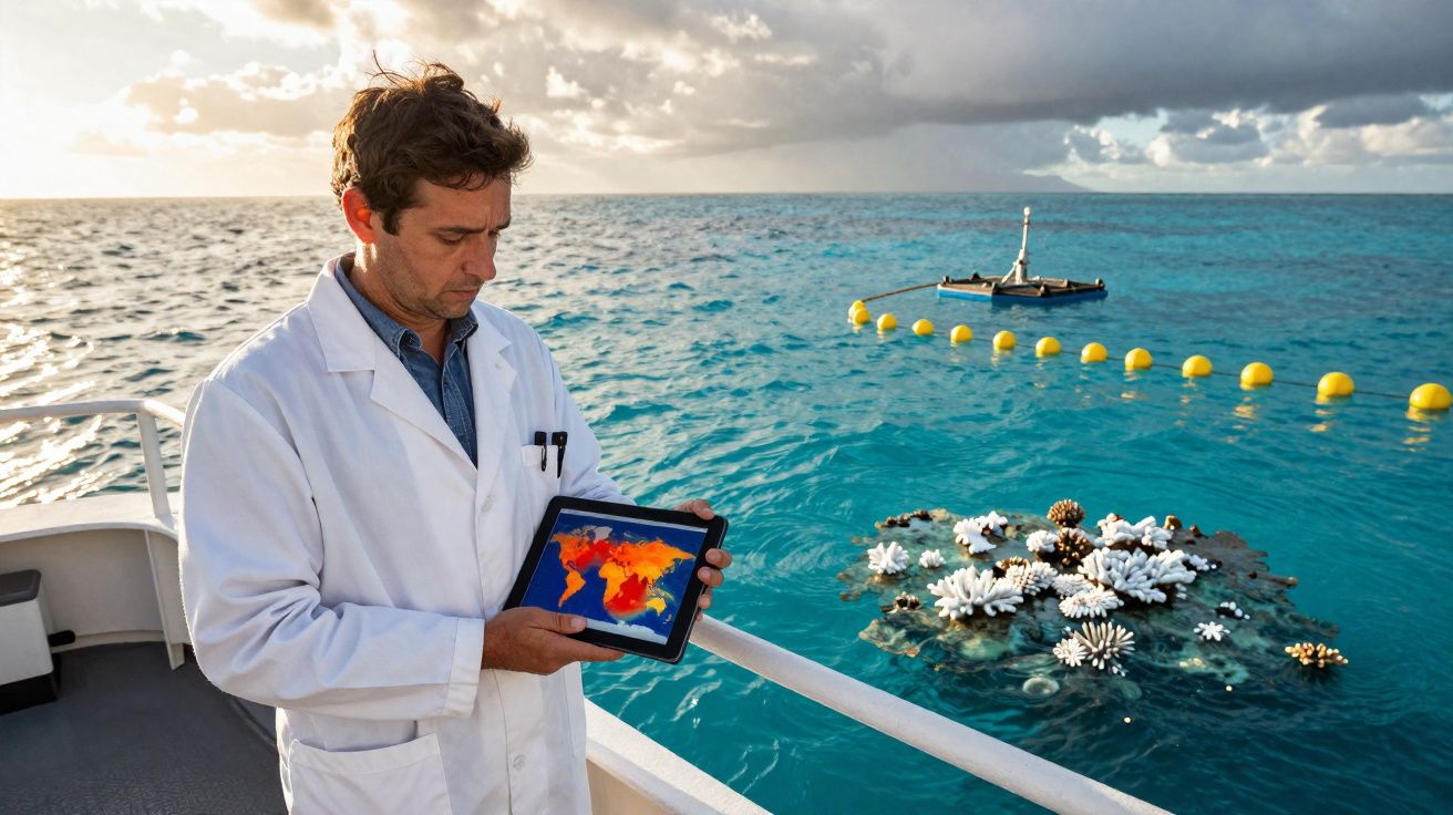Homem com jaleco branco em barco segura tablet com mapa térmico próximo a recife de coral no mar.