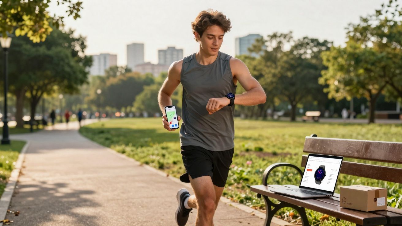 Homem correndo em parque olhando relógio inteligente enquanto segura smartphone na mão.