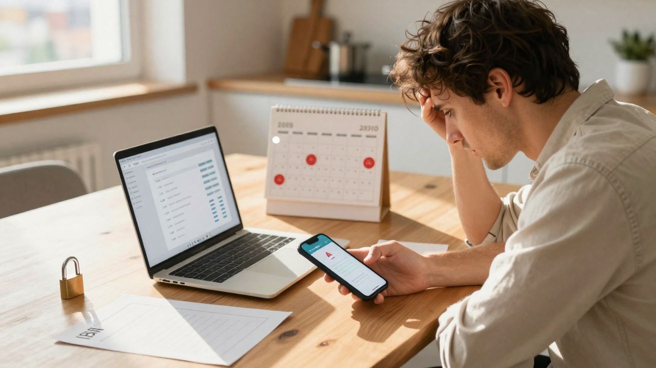 Homem preocupado olhando celular sentado à mesa com laptop, calendário e documento com palavra "PAY".