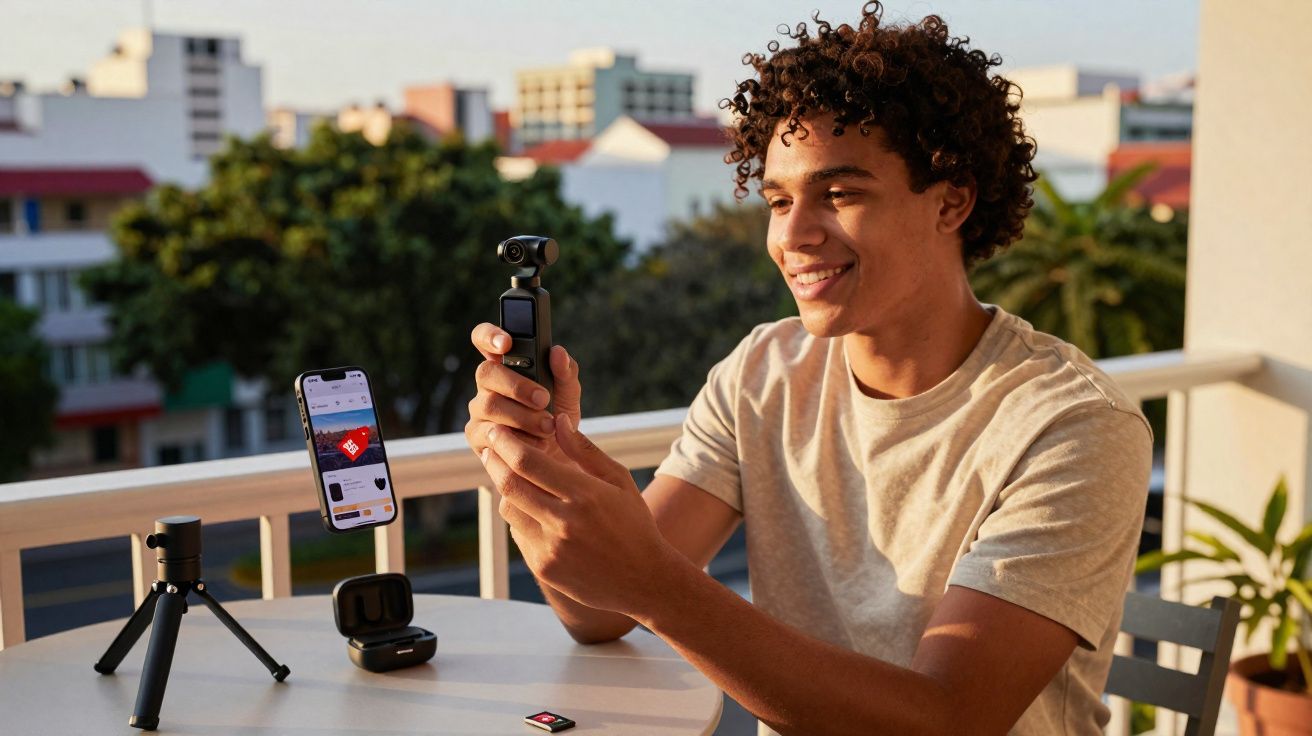 Jovem sorridente segurando câmera portátil em mesa com celular e acessórios em varanda iluminada.