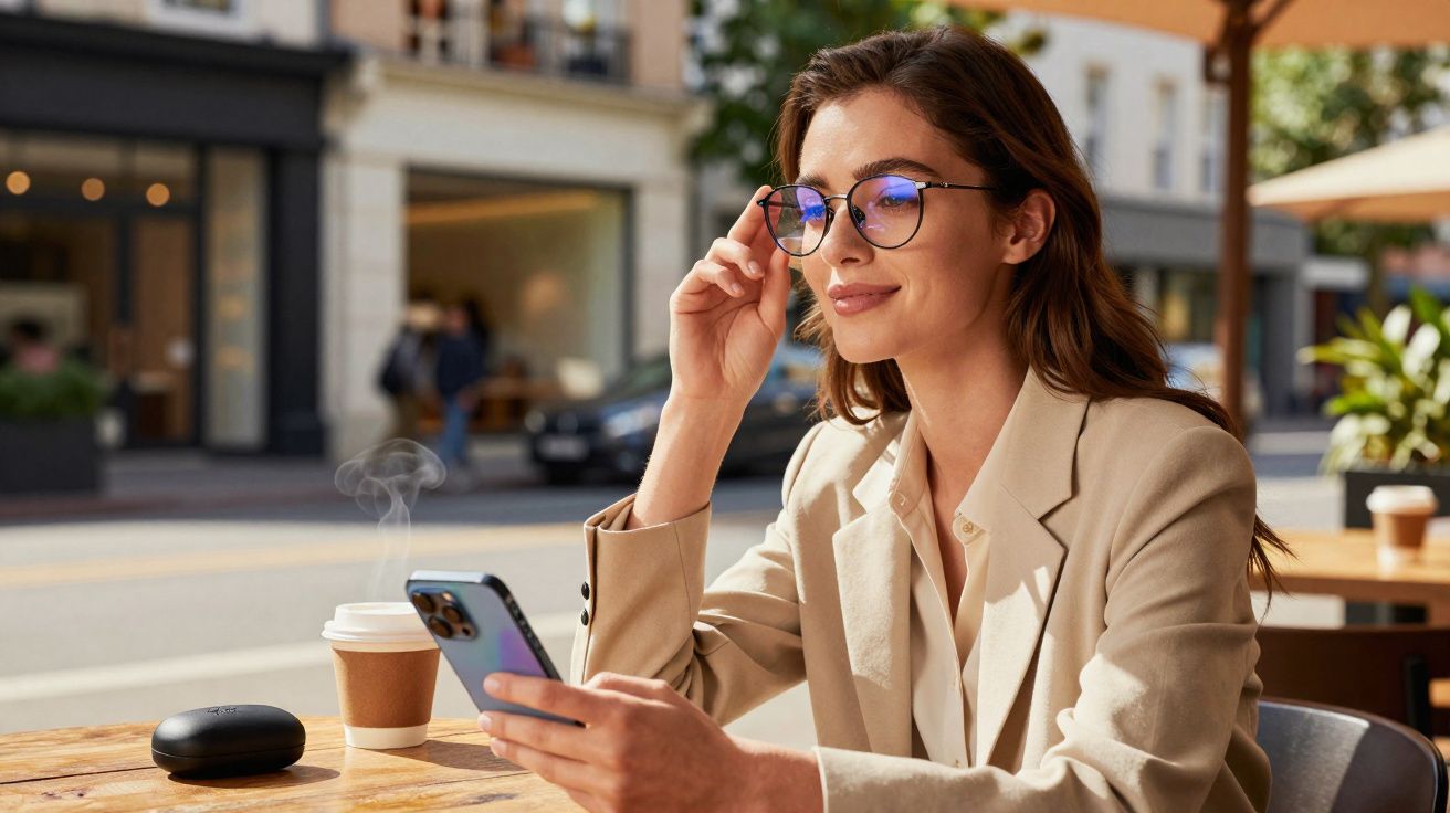 Mulher sorridente usando óculos, segurando celular em café ao ar livre em dia ensolarado.