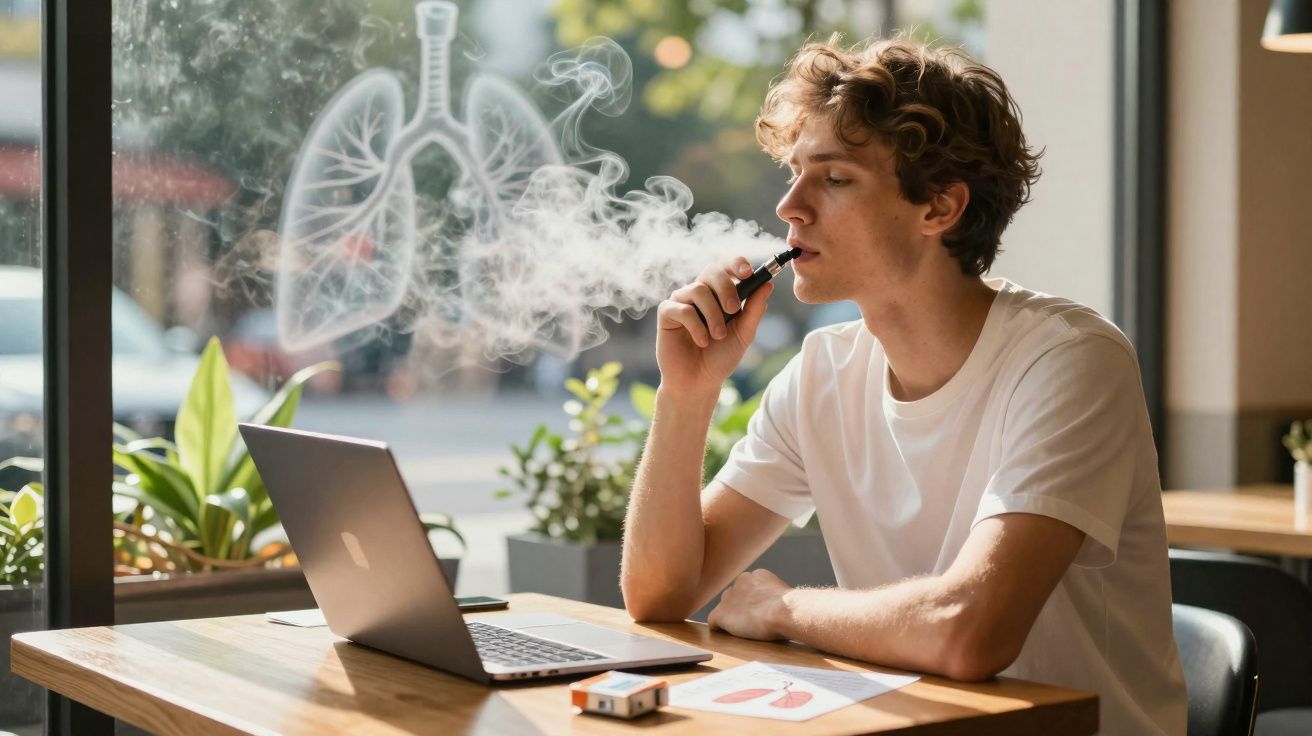 Jovem de camiseta branca usando vaporizador em ambiente interno perto de plantas e notebook aberto.