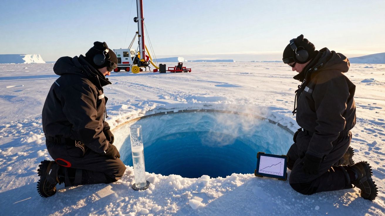 Dois cientistas com roupas de frio observam medições em um buraco de gelo grande na Antártida.