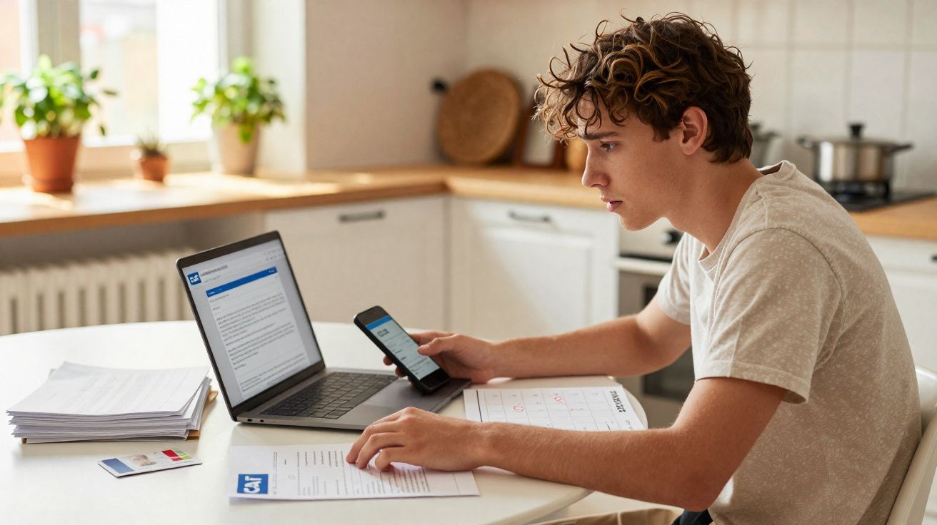 Jovem concentrado usando celular e laptop em mesa com documentos na cozinha iluminada.
