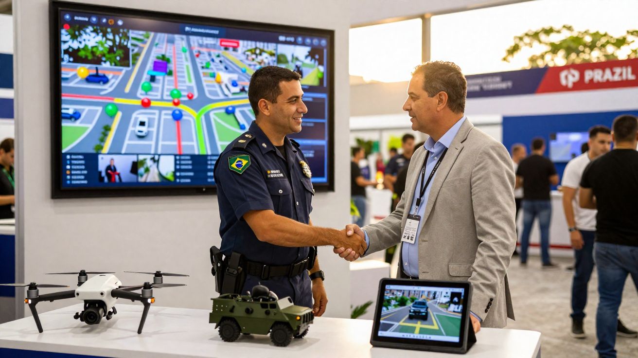 Policial brasileiro e homem de terno apertam mãos em estande com drone, veículo e mapas digitais.