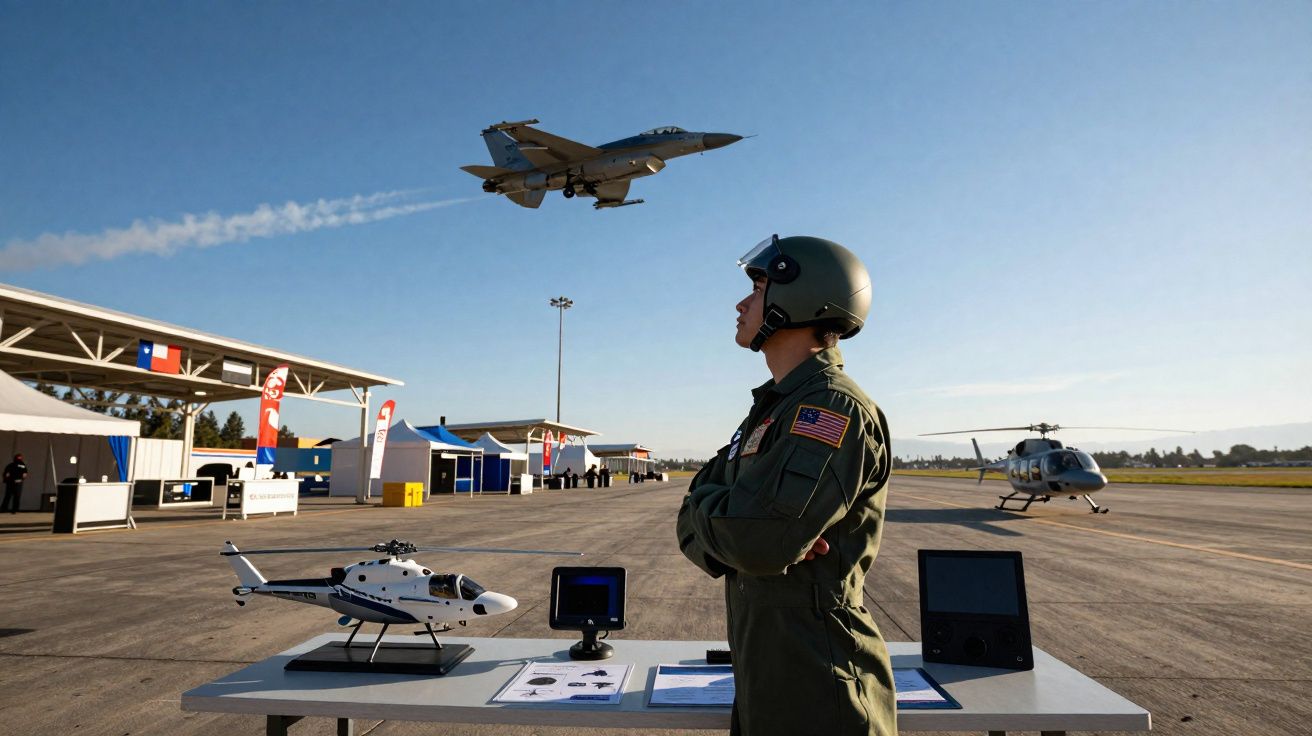 Militar com capacete observa jato militar voando enquanto helicópteros e modelos estão em pista de aeroporto.