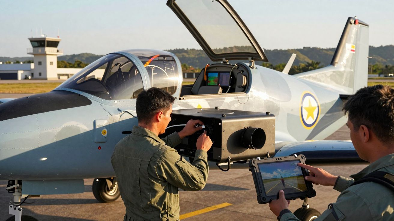 Dois pilotos inspecionam um avião militar leve cinza no hangar durante o dia.