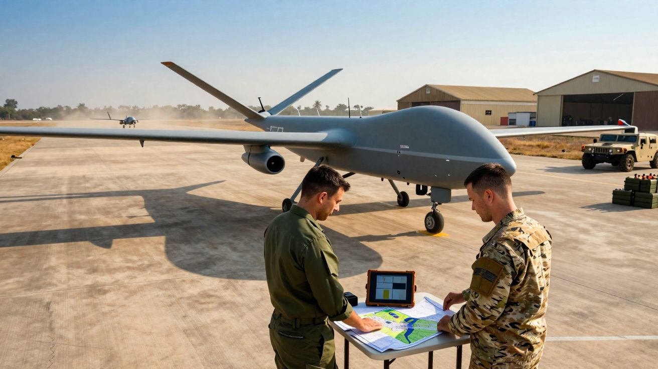 Dois militares analisam mapas e tablet em frente a um drone militar estacionado no pátio de uma base aérea.