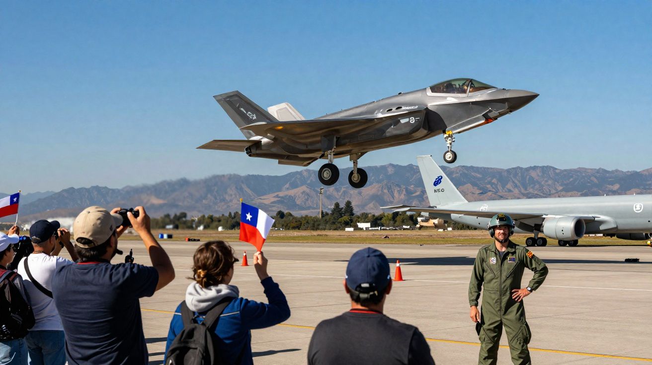 Avião militar F-35 decolando enquanto público observa e presidente chileno acena com bandeira.