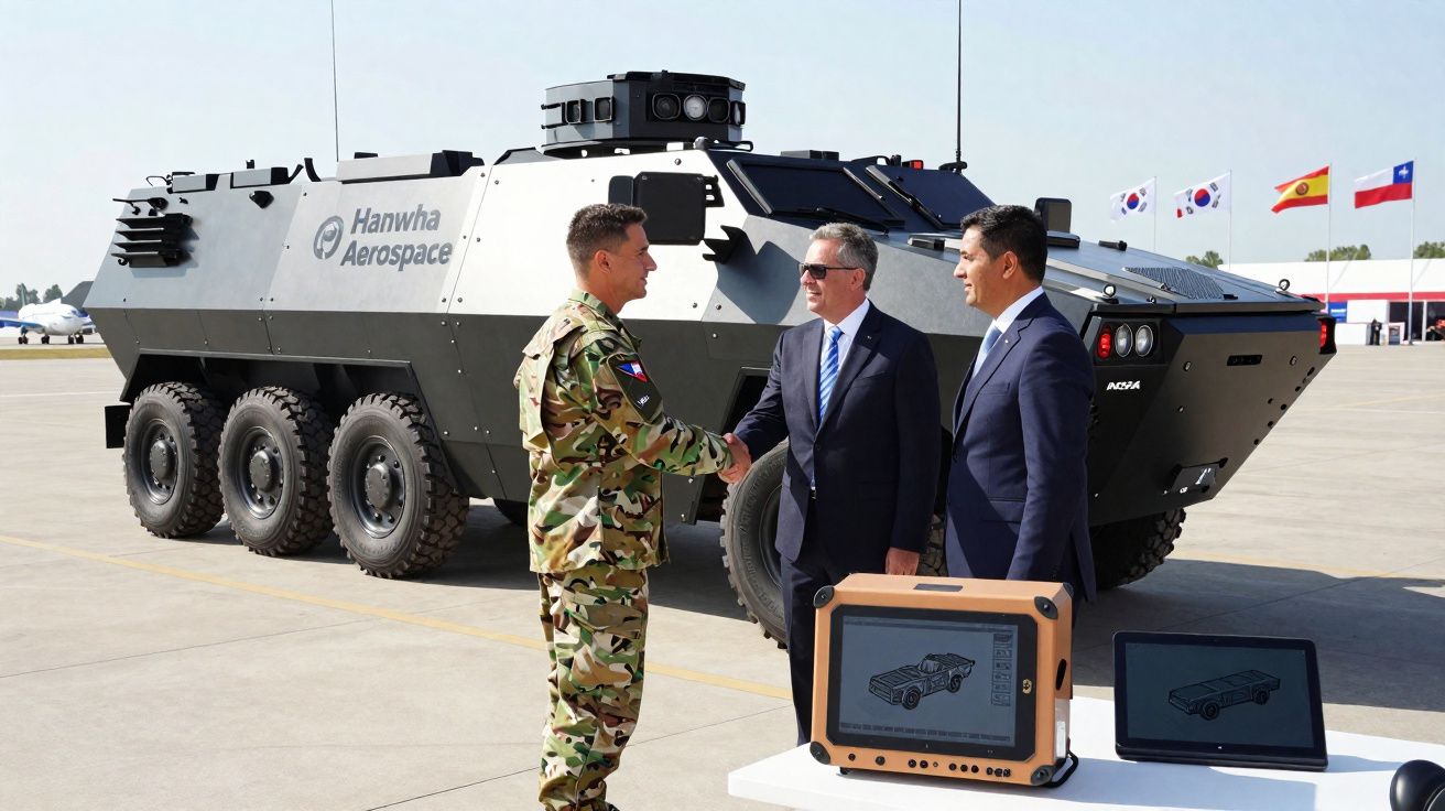 Militar em uniforme camuflado cumprimenta dois homens de terno em frente a veículo blindado Hanwha Aerospace.