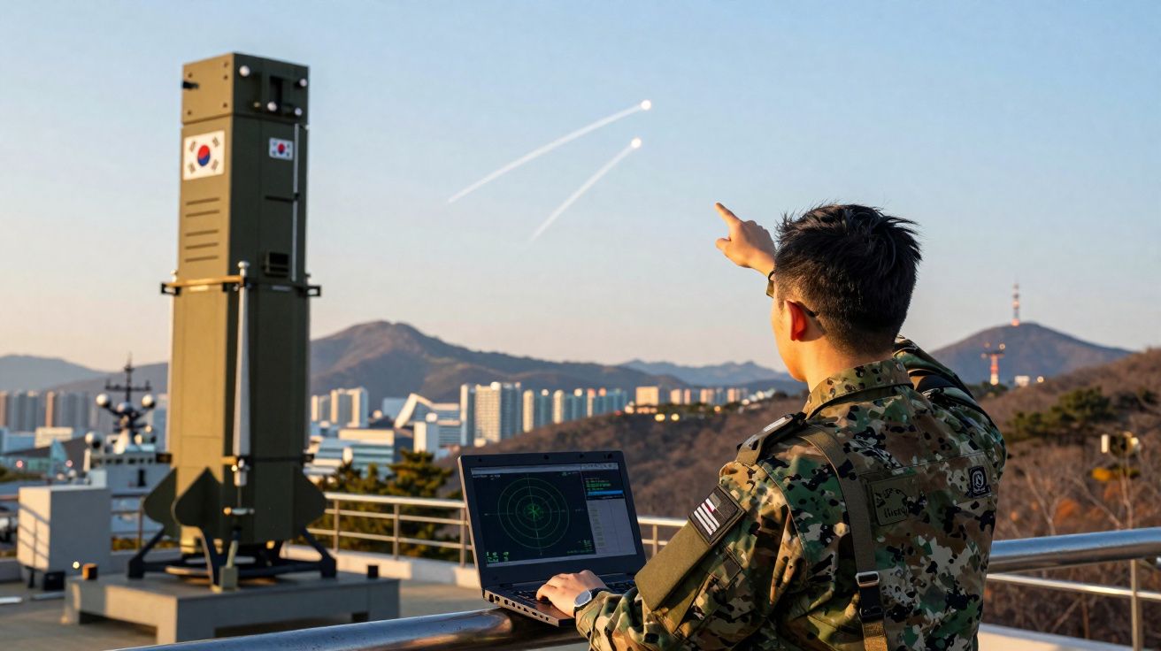 Militar sul-coreano em uniforma camuflada operando radar com laptop, apontando para dois mísseis no céu.