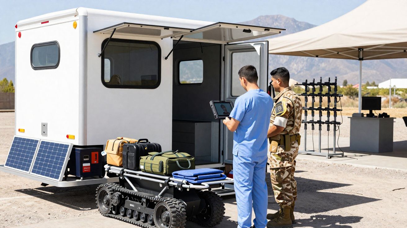 Dois homens, um em uniforme militar e outro em roupa médica, analisam dispositivo eletrônico próximo a trailer com painéis so