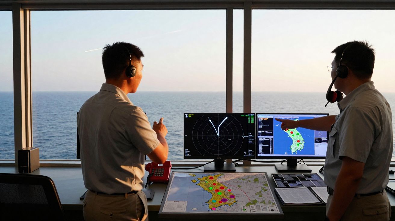 Dois homens usando fones com microfone observam monitores e mapa com o mar ao fundo.