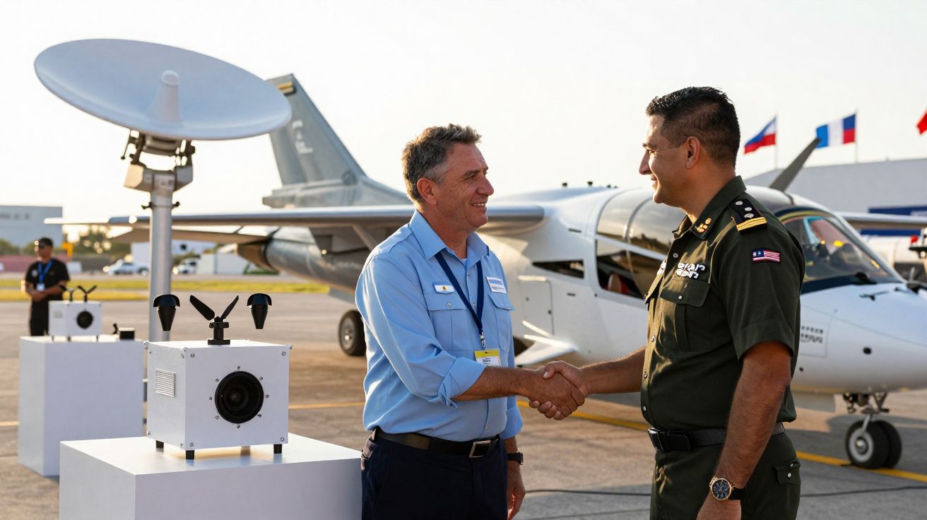 Dois homens apertam as mãos em um aeroporto militar com avião e equipamentos tecnológicos ao fundo.