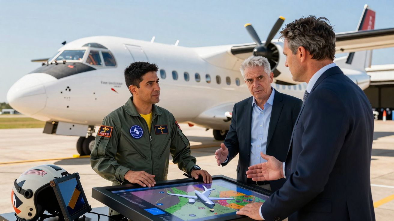 Três homens conversando e analisando plano de voo em mesa digital no aeroporto próximo a avião turboélice.