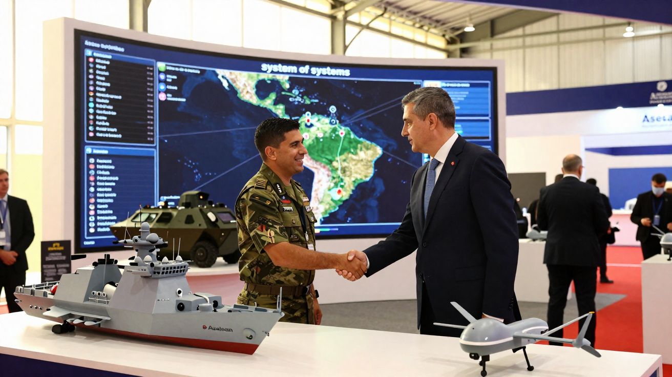 Militar e executivo apertam mãos em exposição com miniaturas de navio de guerra e drone, mapa da América no fundo.