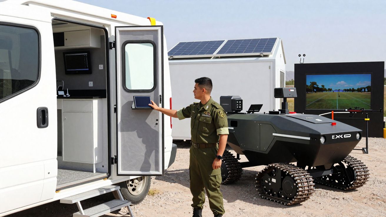 Homem em uniforme controla tablet próximo a veículo branco e robô rastreado preto em ambiente externo ensolarado.