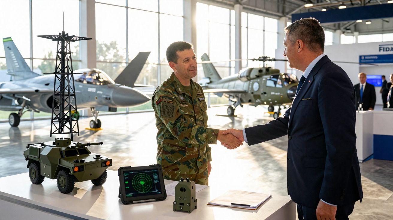 Militar em uniforme camuflado e homem de terno apertam as mãos em exposição com drones e aeronaves militares ao fundo.
