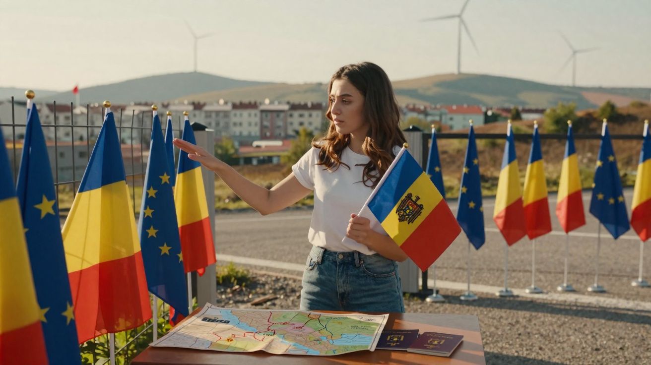 Mulher segura bandeira da Moldávia ao lado de bandeiras da União Europeia e Romênia em área externa.