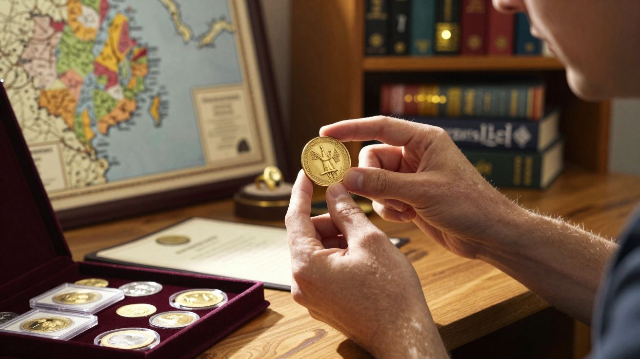 Pessoa examinando moeda dourada com caixa de moedas e mapa ao fundo em mesa de madeira.