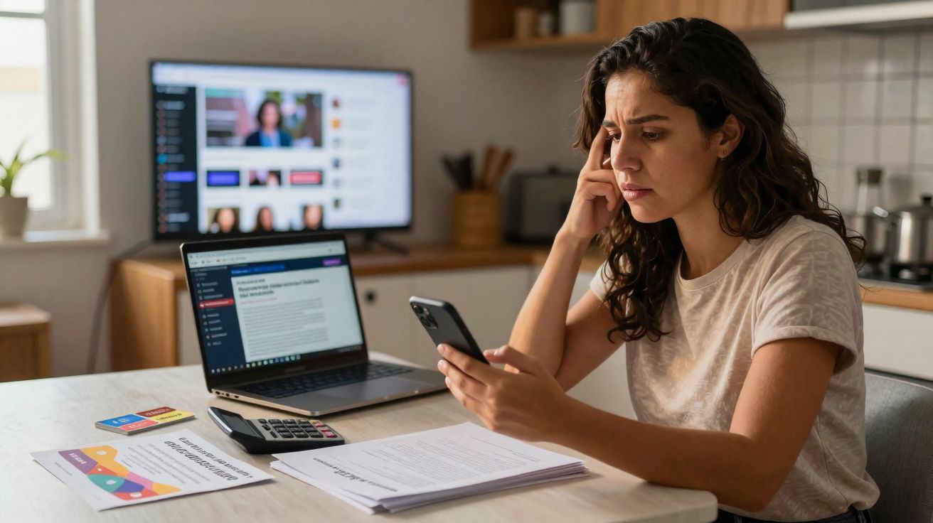 Mulher preocupada olha para celular enquanto revisa documentos financeiros em uma mesa com laptop e calculadora.