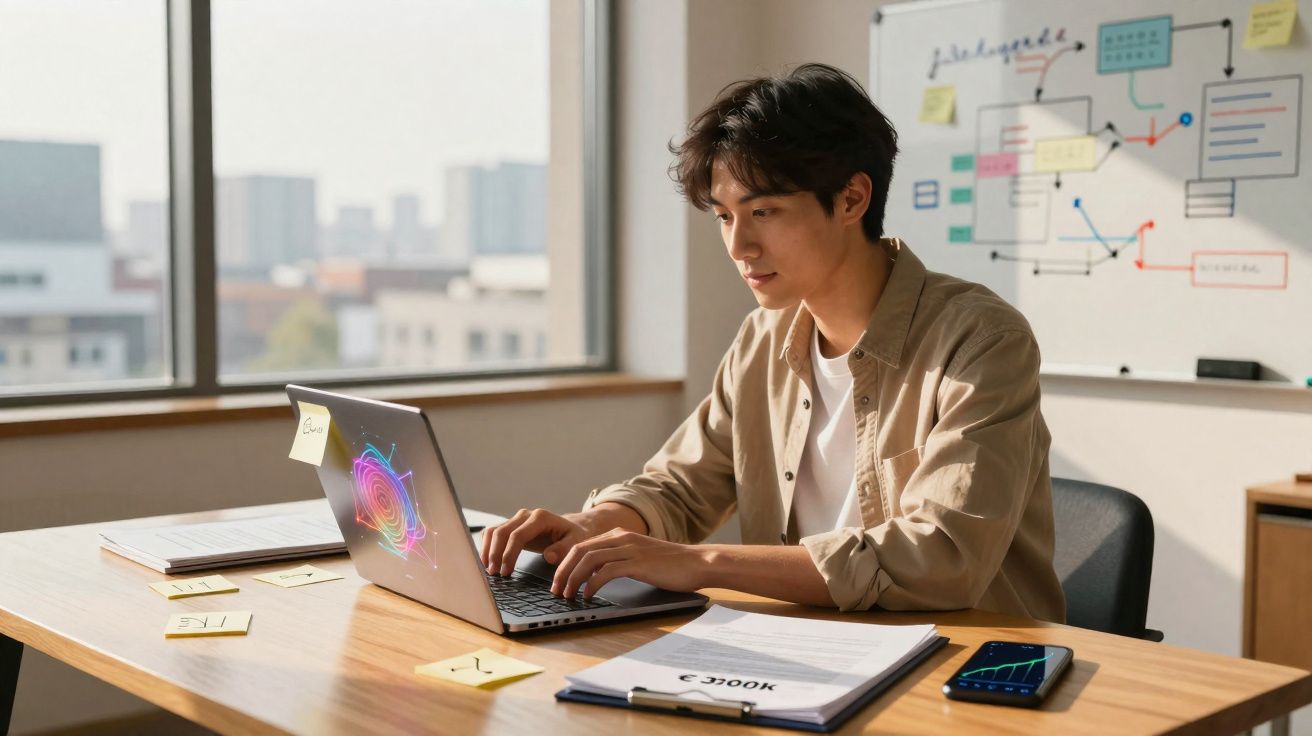 Jovem trabalhando em laptop em escritório com gráficos no celular e quadro branco ao fundo.