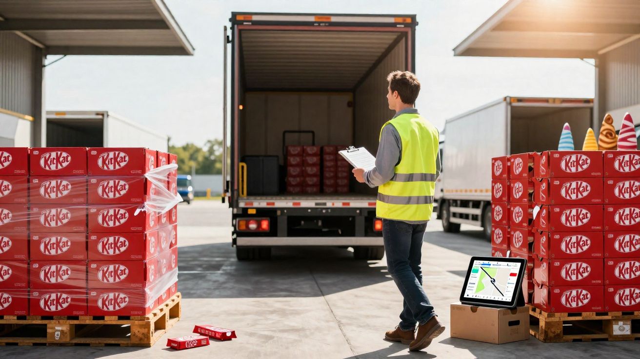 Homem com colete refletivo inspeciona pallets de caixas KitKat antes de carregar caminhão aberto.
