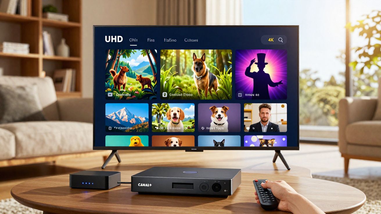 Sala de estar com TV UHD exibindo menu de filmes com temas de animais e receptor CANAL+ na mesa.