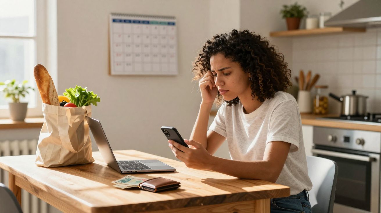 Mulher sentada na cozinha olhando preocupado para celular, com dinheiro, carteira e laptop na mesa.