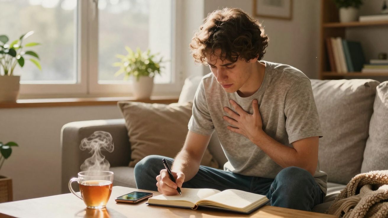Jovem sentado no sofá escrevendo em caderno, com xícara de chá e celular sobre mesa de madeira.