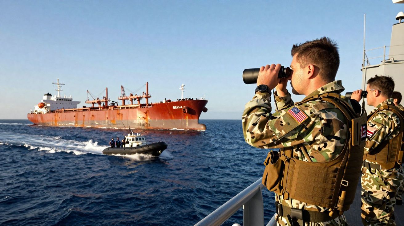 Dois soldados em uniforme camuflado observam navios, incluindo um cargueiro vermelho, no mar aberto.