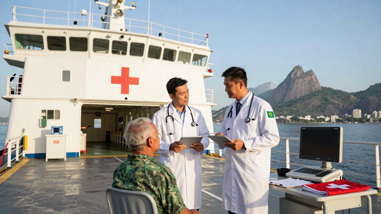 Dois médicos conversam com paciente idoso em barco hospital com paisagem de montanha ao fundo no Rio de Janeiro.