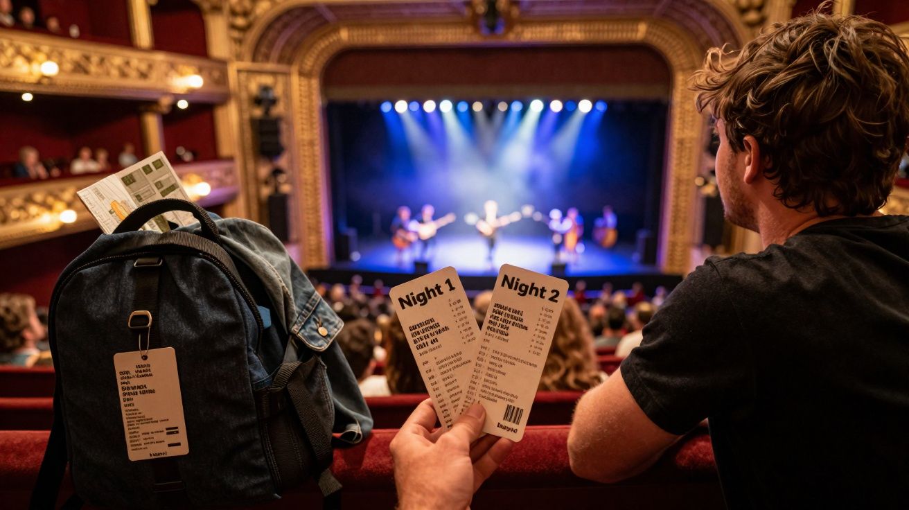 Pessoa segura ingressos para show em teatro lotado com palco iluminado e músicos se apresentando.