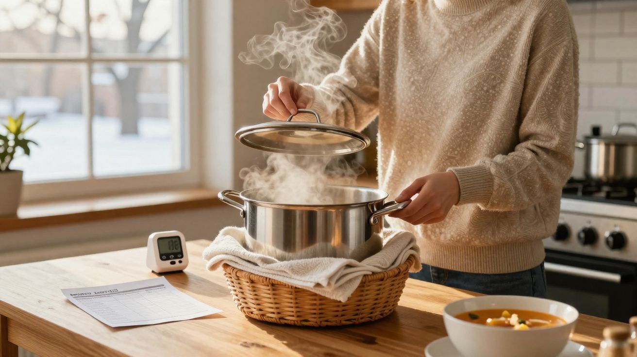 Pessoa levantando a tampa de panela fumegante em cesta na cozinha iluminada pela janela.