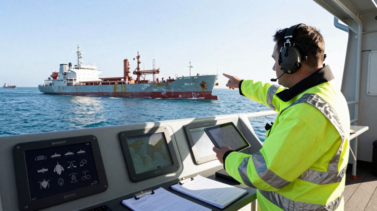 Homem com colete refletivo e headset aponta para navio no mar enquanto monitora instrumentos eletrônicos no convés.