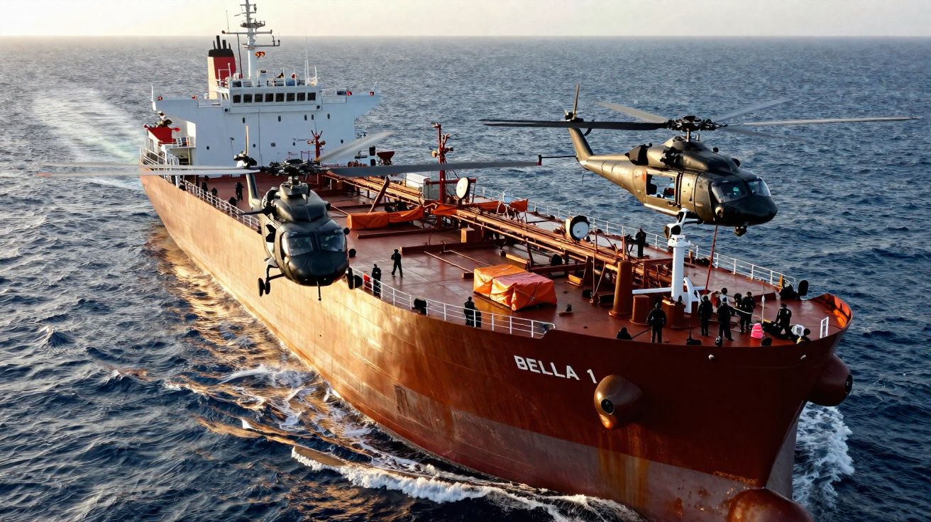 Navio cargueiro vermelho com o nome Bella 1 navegando no mar e dois helicópteros sobrevoando.