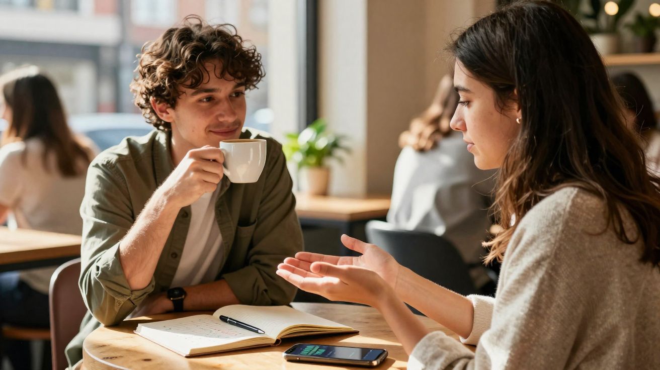 Jovem homem bebendo café e jovem mulher conversando com caderno e celular na mesa de cafeteria.