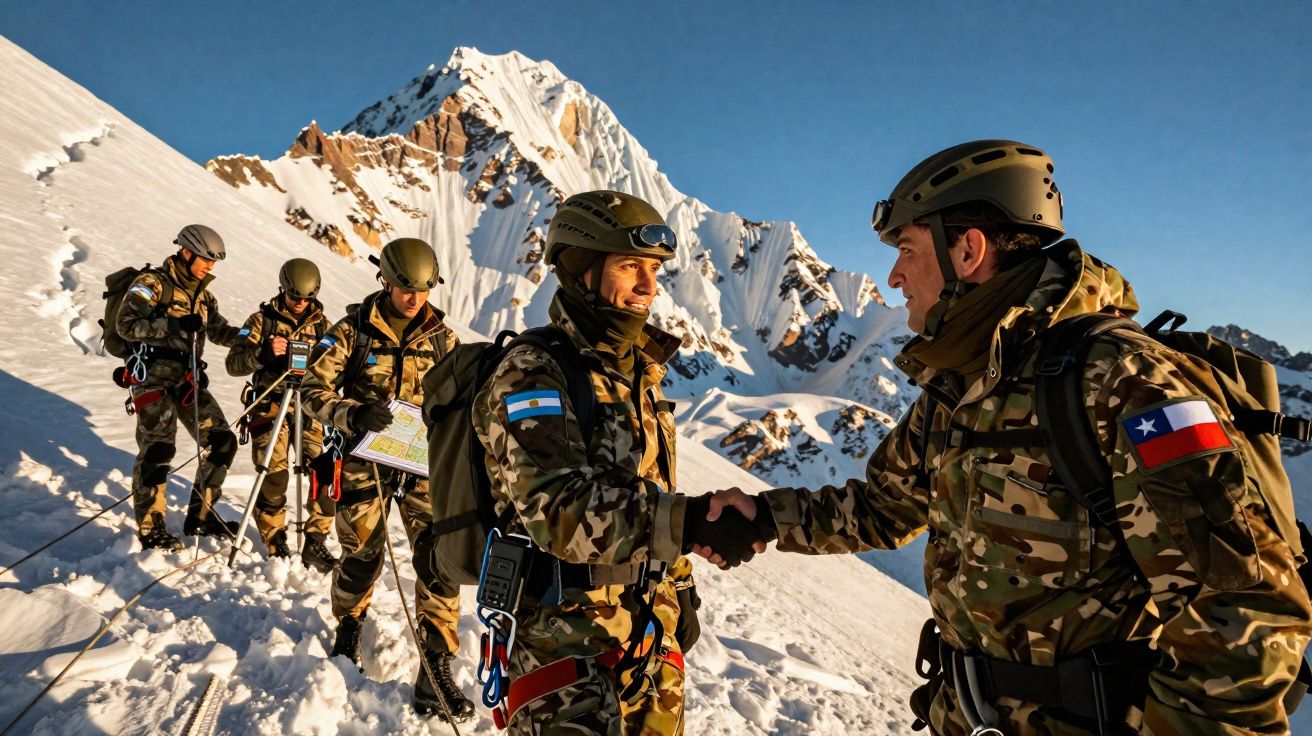 Soldados em roupas de camuflagem com bandeiras da Argentina e Chile apertam mãos em ambiente nevado montanhoso.