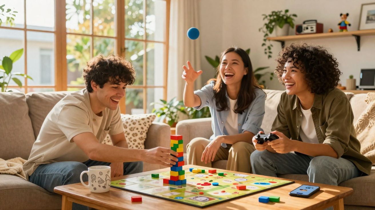 Três amigos sorrindo enquanto jogam jogo de tabuleiro em uma sala iluminada e aconchegante.