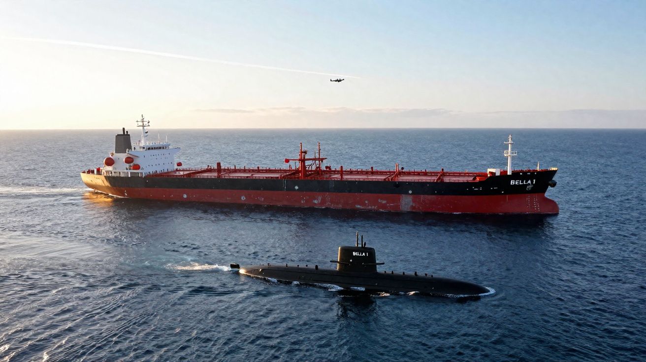 Navio cargueiro vermelho e preto, submarino preto e avião voando sobre o mar ao entardecer.