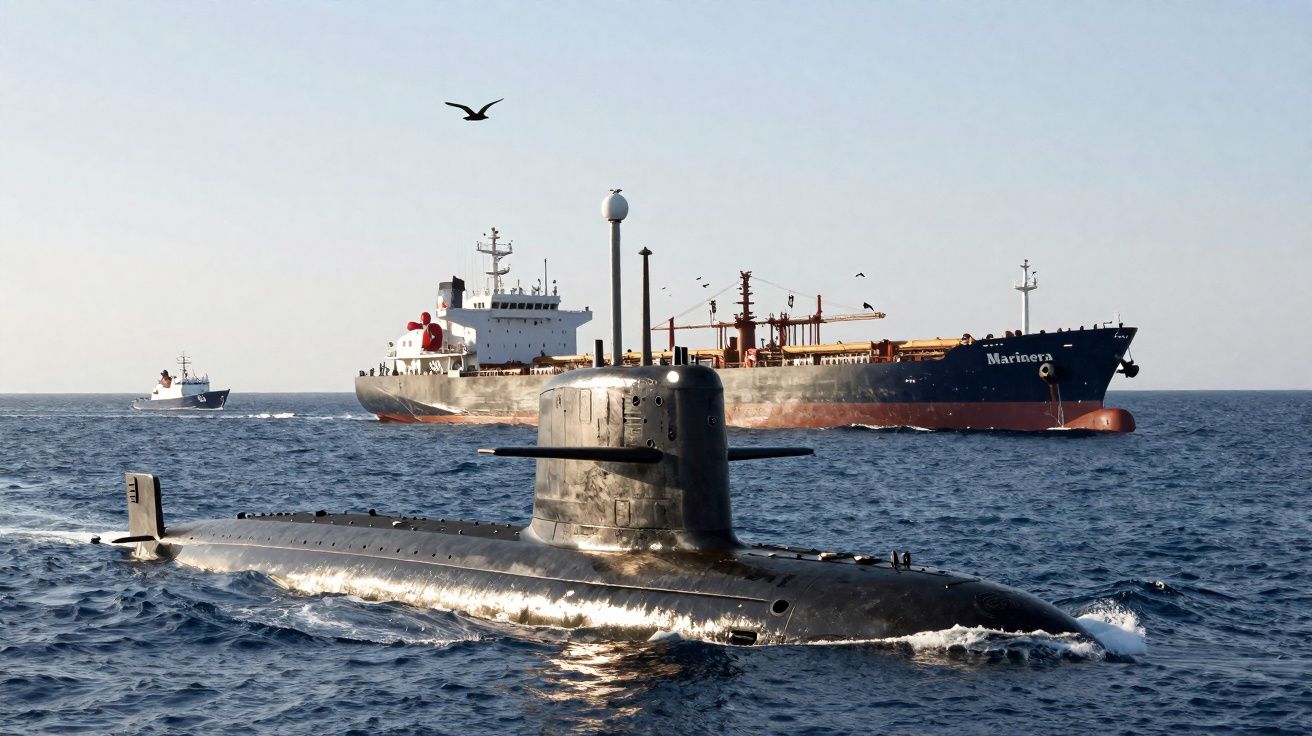 Submarino naval emergindo no mar com navio cargueiro e pássaros ao fundo em dia claro.