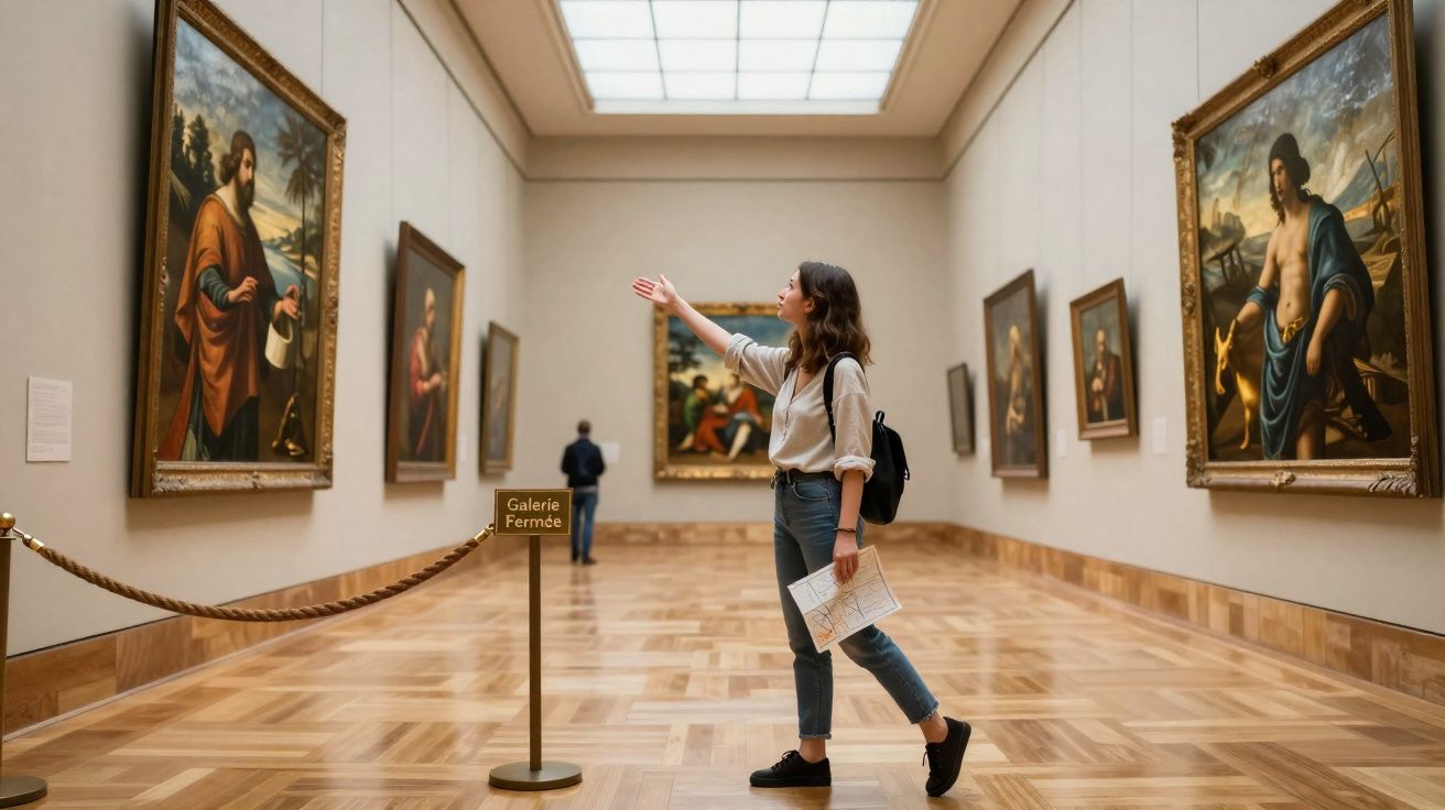 Mulher observa pinturas clássicas em galeria de arte com chão de madeira e iluminação natural.