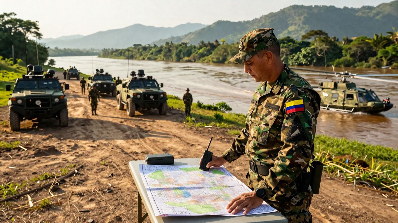 Militar colombiano analisa mapa em mesa próxima a veículos blindados e helicóptero à beira de rio e mata.