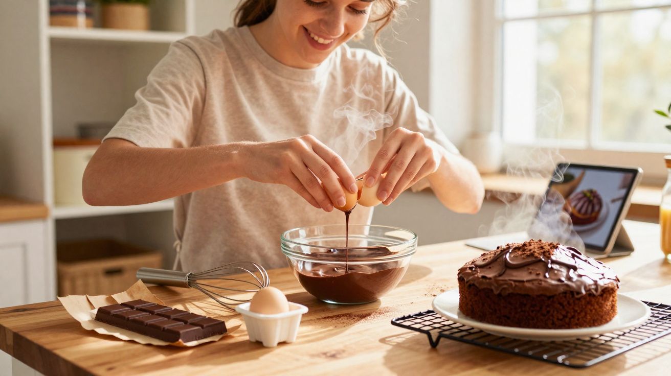 Mulher quebrando ovo em tigela com chocolate derretido para preparar bolo de chocolate caseiro.