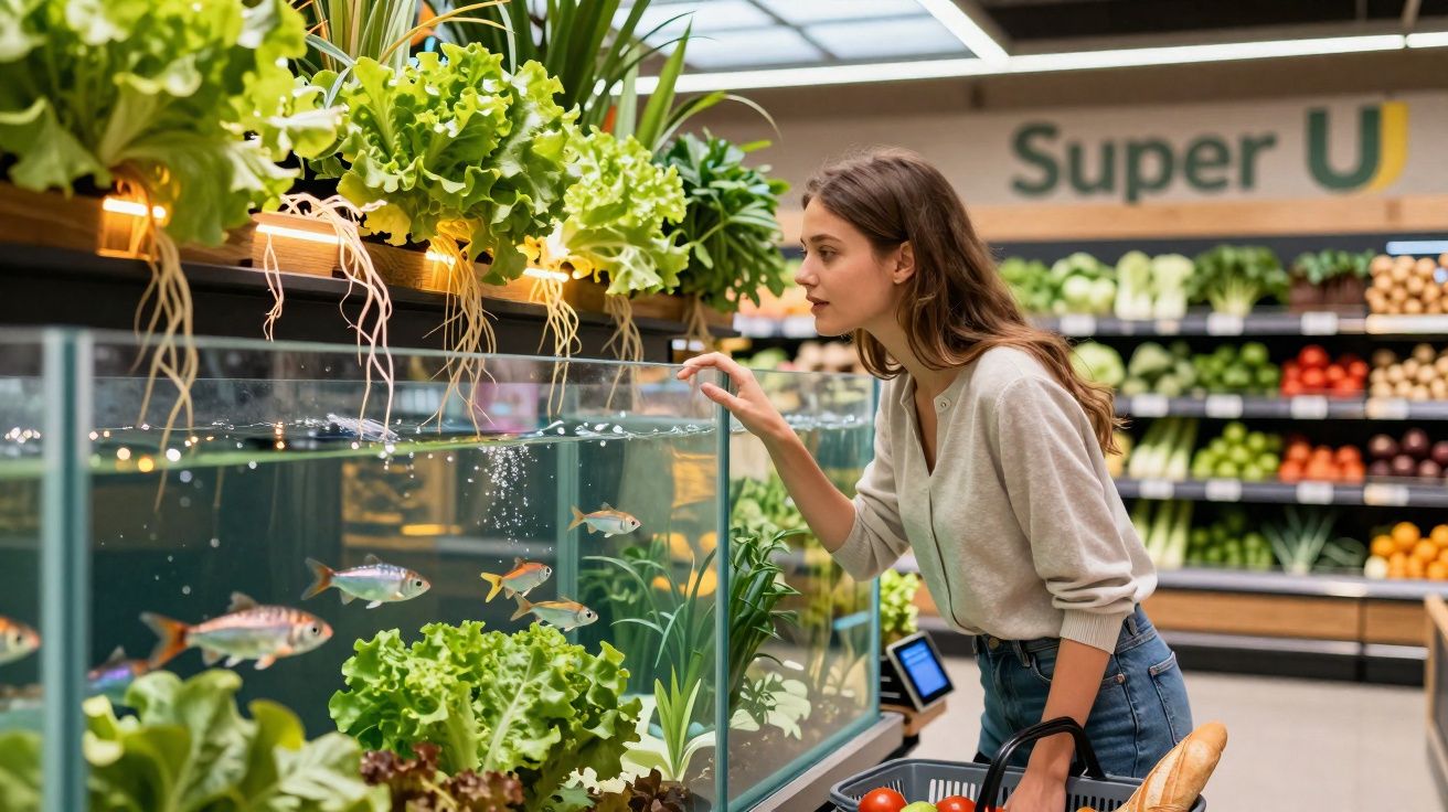 Mulher observando peixes em aquário no supermercado, cercada por verduras e legumes frescos.